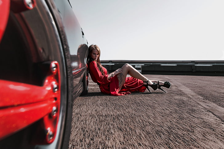 women's red long-sleeved formal dress, auto, asphalt, girl, model, dress, tattoo, brown hair, legs, Veronika Wonka, photographer Evgeniy Pogosyan, HD wallpaper