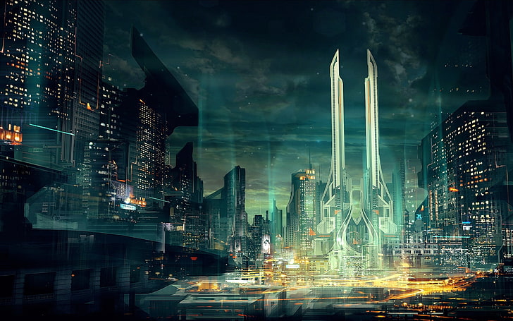 sci-fi, skyskrapor, futuristisk stad, konstverk, byggnader, fantasi, HD tapet