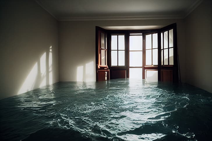 AI art, bedroom, flood, sea, water, interior, HD wallpaper
