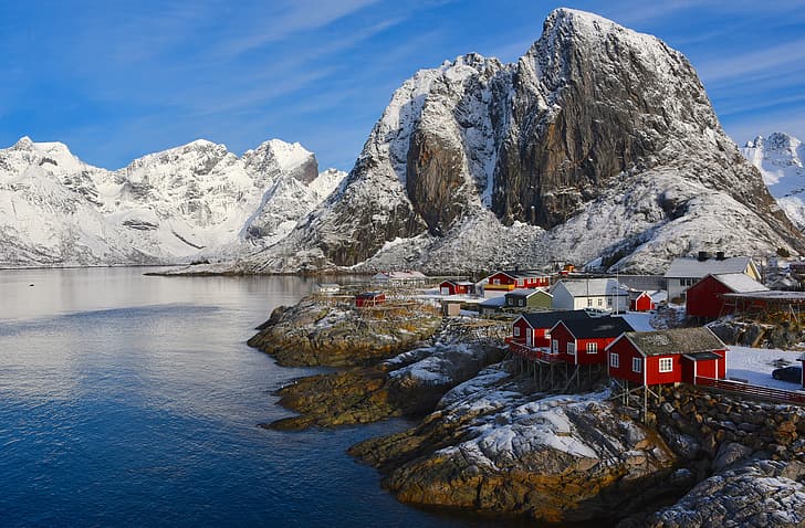 sea, snow, landscape, mountains, nature, home, Norway, The Lofoten Islands, Lofoten, HD wallpaper
