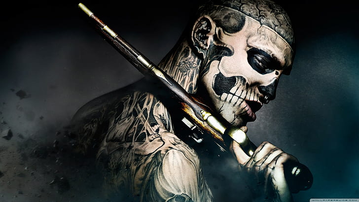 movies, Rico the Zombie, 47 Ronin, tattoo, nose rings, Rick Genest, men, gun, HD wallpaper