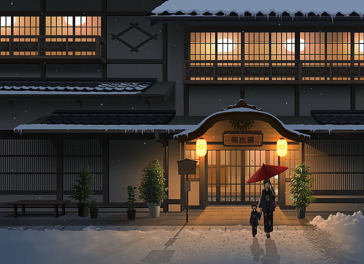 анимационная женщина в кимоно, держащая масляный бумажный зонт, идущий по снежному полю возле дома, японская одежда, оригинальные персонажи, снег, HD обои