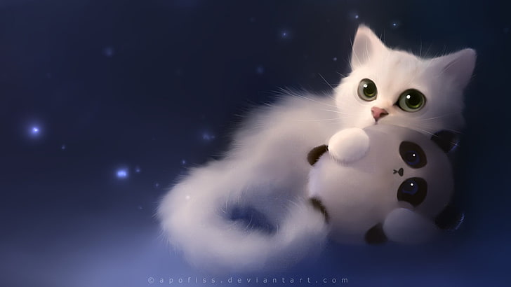 бяла котка, която държи каменни тапети, котка, плюшено животно, животни, панда, котешка, играчки, Apofiss, HD тапет