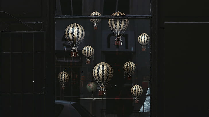 hot air balloons, window, globes, HD wallpaper