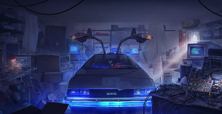 DeLorean, темнота, фильмы, Назад в будущее, автомобиль, Машина времени, автомобиль, произведение искусства, Транспортные средства Кино, HD обои