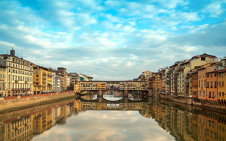 都市の景観、橋、反射、フィレンツェ、イタリア、ポンテヴェッキオ、アルノ（川）、 HDデスクトップの壁紙