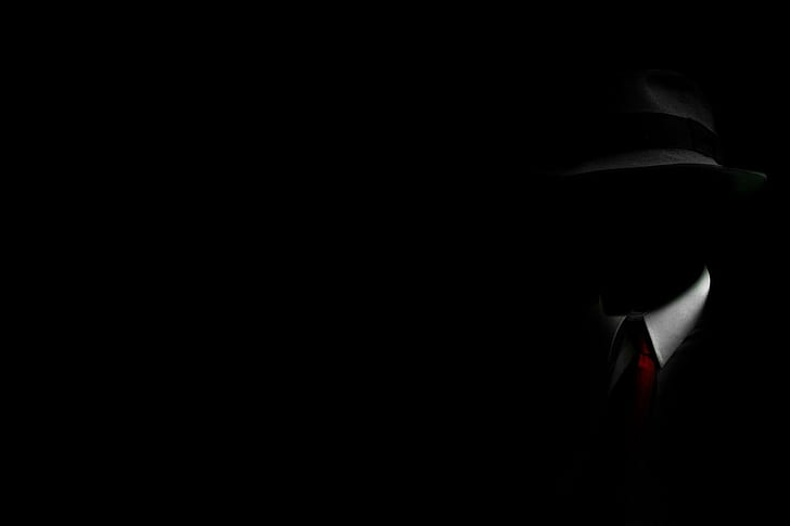 Fotografia, czarny, mężczyzna, kapelusz, biała koszula, czerwony krawat, ciemne tło, fotografia, czarny, mężczyzna, kapelusz, biała koszula, czerwony krawat, ciemne tło, Tapety HD