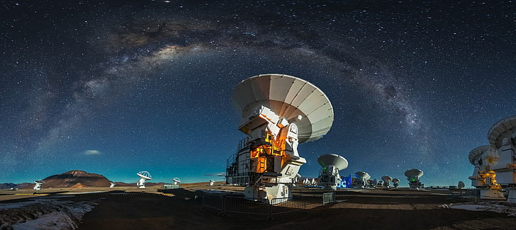 astronomy, nature, Chile, starry night, photography, ALMA Observatory, Milky Way, Atacama Desert, landscape, galaxy, technology, long exposure, HD wallpaper