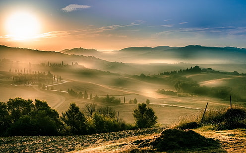 Тоскана, пейзаж, Италия, восход, туман, HD обои HD wallpaper