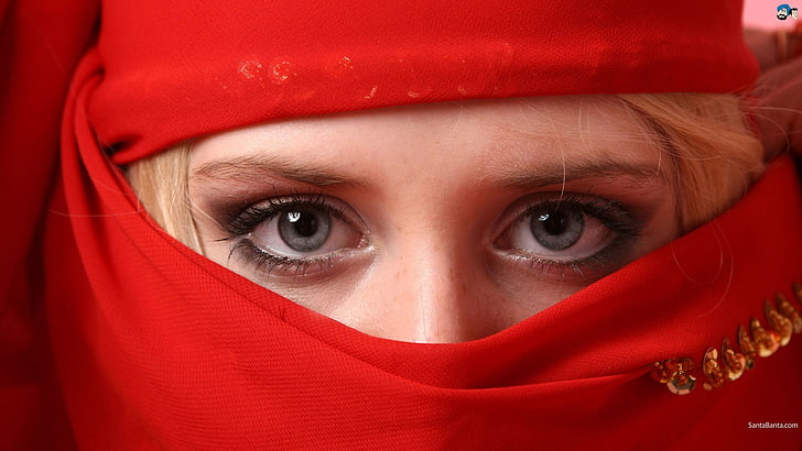 المرأة ، العيون الزرقاء ، شقراء ، صورة ، وشاح ، غطاء الرأس ، الحجاب، خلفية HD