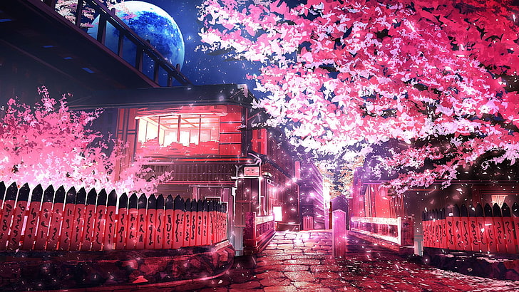 розовое лиственное дерево, аниме, сакура (дерево), дорога, HD обои