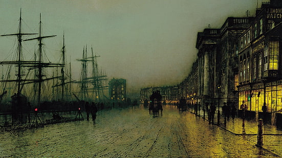 shipyard, Glasgow, painting, John Atkinson Grimshaw, road, Scotland, HD wallpaper HD wallpaper