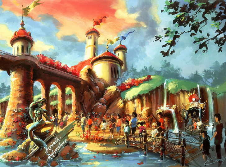 Ariel's Adventure, people near castle painting, Cartoons, Old Disney, Disney, digital painting, Fantasyland, ariel's adventure, fantasyland art, disney fantasyland, HD wallpaper