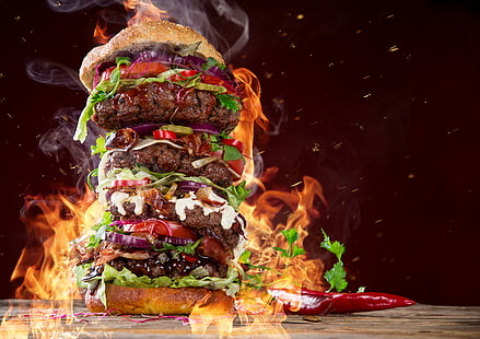 гамбургер, дым, красный перец, фаст-фуд, мясо, еда, HD обои HD wallpaper