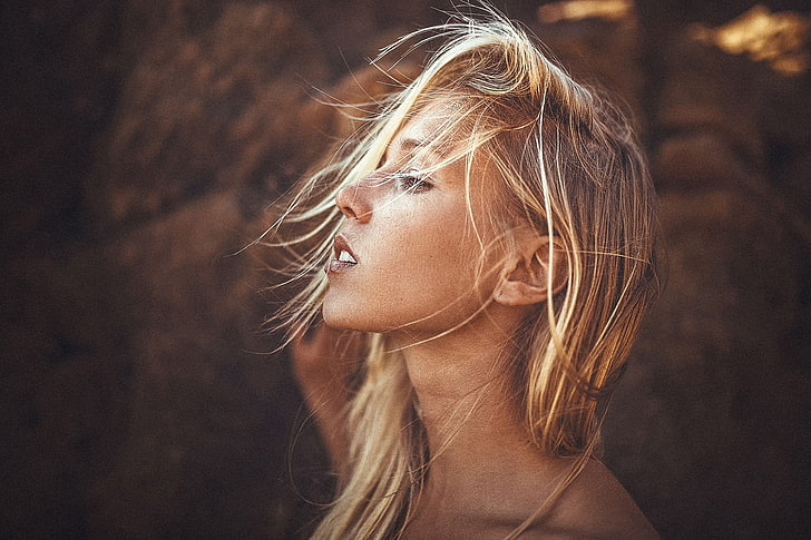 women, model, Lennart Bader, blonde, windy, hair in face, looking away, profile, open mouth, HD wallpaper
