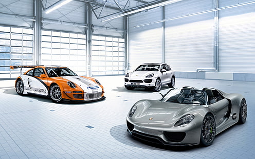 tiga kendaraan abu-abu, putih, dan oranye, mobil, Porsche, Porsche 911 GT3, Porsche 918 Spyder, Porsche Cayenne, Wallpaper HD HD wallpaper