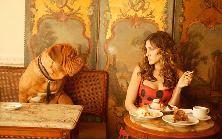 سارة جيسيكا باركر ، فستان نسائي من البولكا باللونين الأحمر والأسود وكلب بني ، دوج ، طعام ، ممثلة، خلفية HD