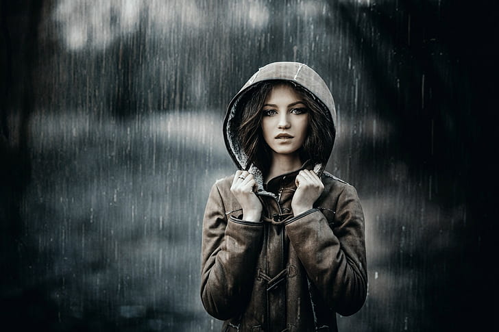 rain, brunette, hoods, Ksenia Malinina, jacket, model, women, brown eyes, Sergey Piltnik, HD wallpaper