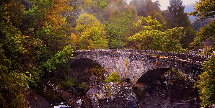 природа, пейзаж, старый, камень, мост, деревья, река, Шотландия, HD обои