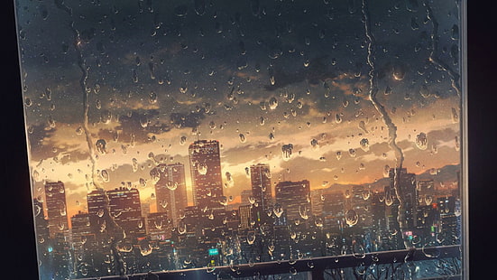 アニメアート、アニメ都市、都市、窓、ガラス、雨が降って、雨、夜明け、 HDデスクトップの壁紙 HD wallpaper