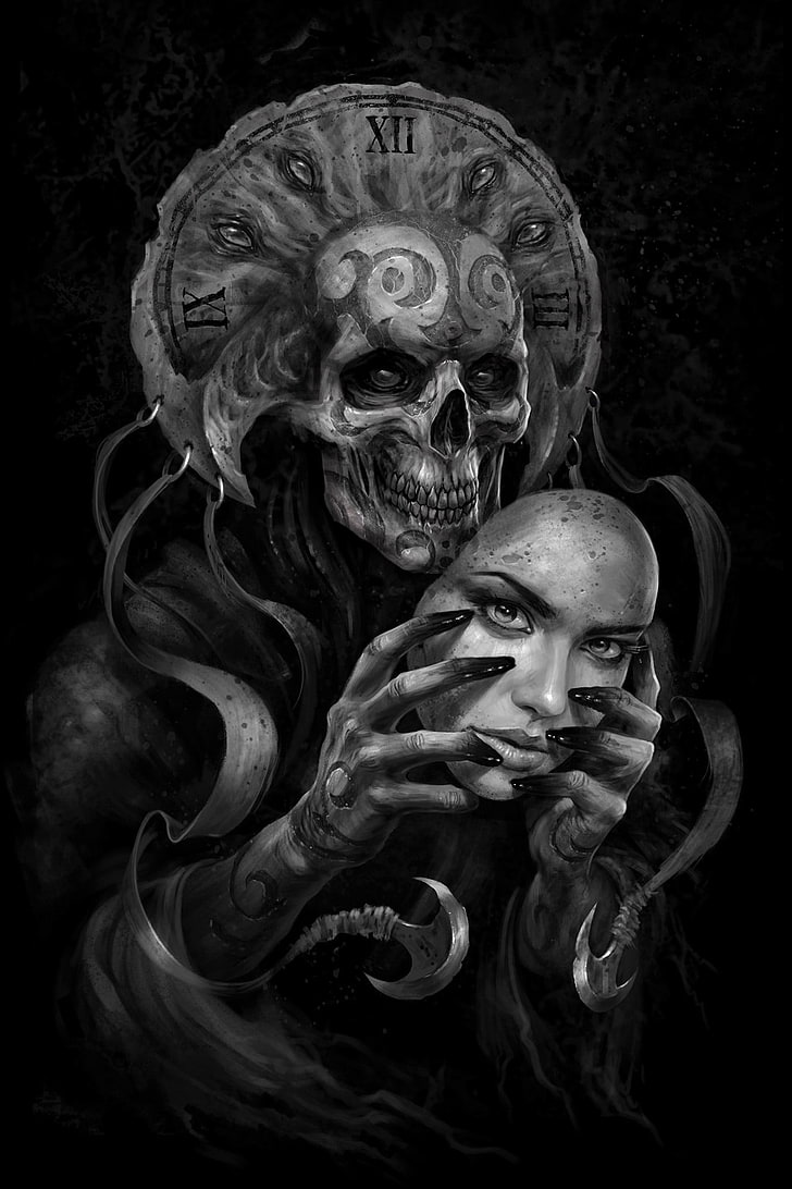 skeleton holding mask digital wallpaper, drawing, fantasy art, skull, Skull Face, death, mask, face mask, HD wallpaper