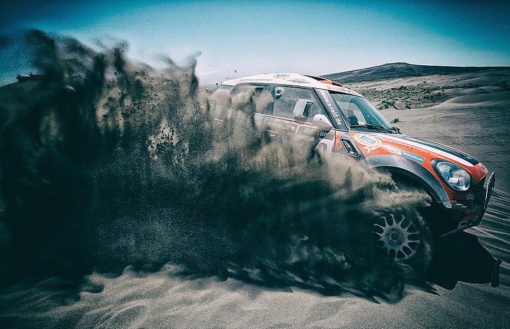 orange SUV, rallybilar, sand, fordon, racing, Dakar Rally, HD tapet