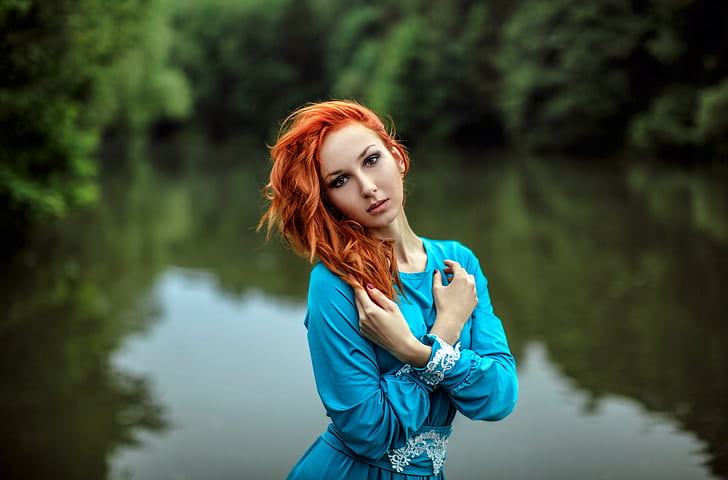 Анна Боевая, женщины, модель, платье, река, женщины на природе, рыжая, портрет, HD обои