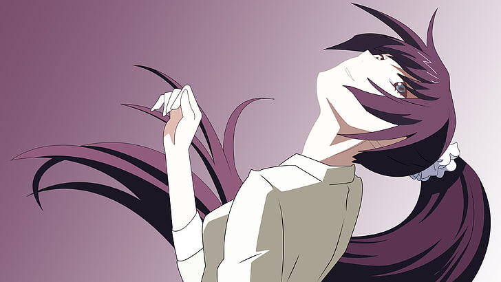 Personaggio anime femminile dai capelli viola, senza titolo, Senjougahara Hitagi, serie Monogatari, inclinazione della testa, anime girls, coda di cavallo, Sfondo HD