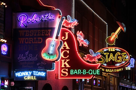 bar b que, broadway, grill, honky tonk, jacks, nashville, neon lights, neon sign, on broadway, roberts, tennessee, the stage, western world, HD wallpaper HD wallpaper