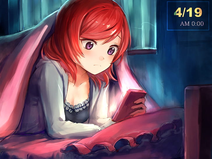 Rudowłosa dziewczyna anime używa telefonu, rudych włosów, anime, dziewczyny, użytkowania, telefonu, Tapety HD