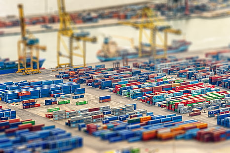 container, blurred, tilt shift, dock, Maersk, cranes (machine), HD wallpaper HD wallpaper