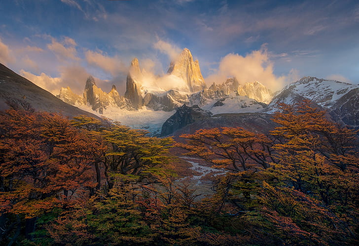South America, Patagonia, autumn, morning, trees, mountains, paint, Patagonia, autumn, South America, the Andes peaks, HD wallpaper
