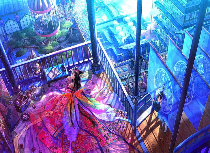 fairies, oriental, balcony, anime girls, cages, anime, HD wallpaper