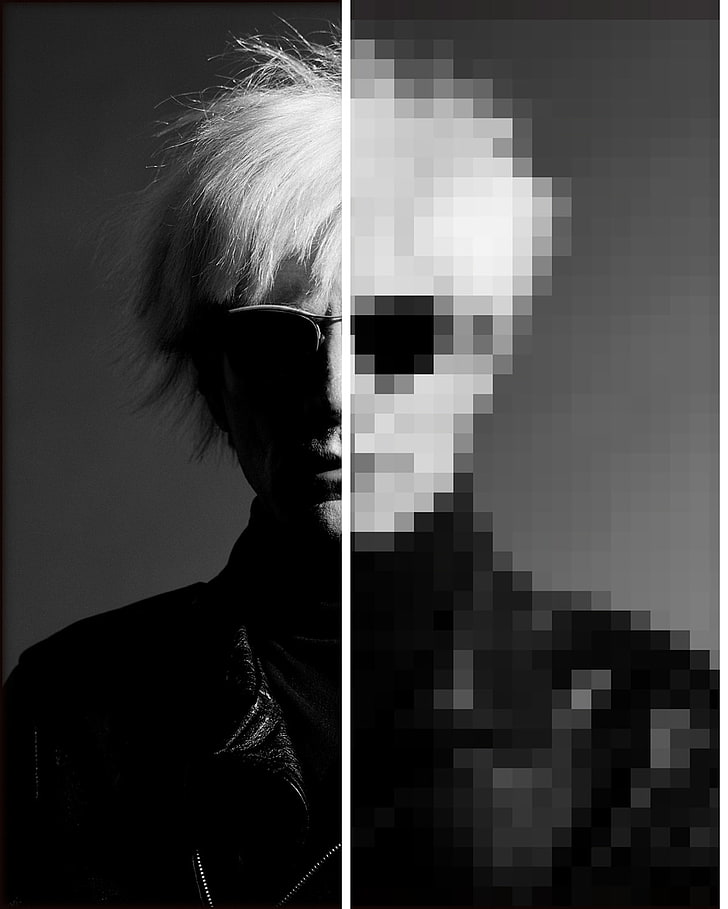 Männer, Fotografie, Andy Warhol, Monochrom, Blondes Haar, Kurzes Haar, Greg Gorman, Bea Simpson, Pixelkunst, Pixel, Pixel, Sonnenbrille, geteilte Ansicht, Lederjacken, Porträtanzeige, HD-Hintergrundbild, Handy-Hintergrundbild