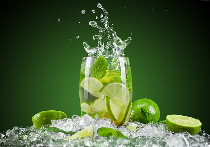 mint, water, cocktails, ice, lime, HD wallpaper