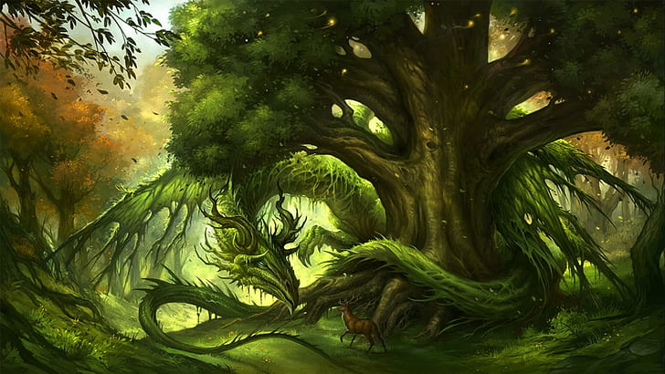 Природен дракон, илюстрация на зелен дракон, пазител, горски дракон, шипове, природа, дърво, нокти, рога, HD тапет