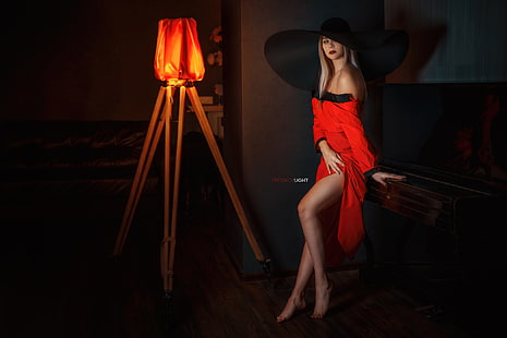 pose, niña, sombrero, vestido, piernas, escote, Alexander Drobkov-Light, Carina Carina, Fondo de pantalla HD HD wallpaper