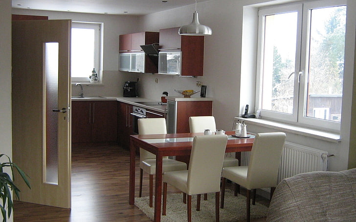 коричневый деревянный обеденный стол, интерьер, стиль, дизайн, дом, дом, комната, кухня, HD обои