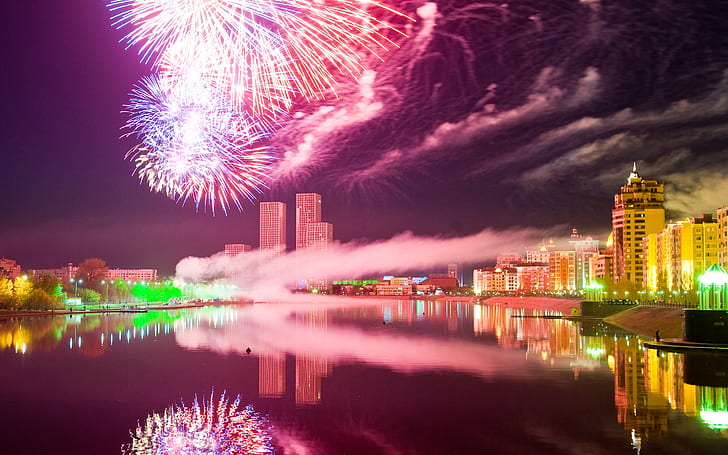 Astana, city night, Kazakhstan, fireworks, river, buildings, Astana, City, Night, Kazakhstan, Fireworks, River, Buildings, HD wallpaper