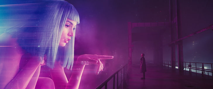 woman blue hair illustration, Blade Runner 2049, Officer K, hologram, bridge, blue hair, finger pointing, neon glow, coats, futuristic, cyberpunk, eye contact, Ana de Armas, women, Joi, Blade Runner, HD wallpaper