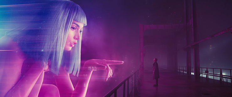 ilustrasi rambut wanita biru, Blade Runner 2049, Petugas K, hologram, jembatan, rambut biru, penunjuk jari, cahaya neon, mantel, futuristik, cyberpunk, kontak mata, Ana de Armas, wanita, Joi, Blade Runner, Wallpaper HD HD wallpaper