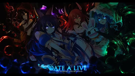 Date A Live, anime, animeflickor, glödande, Yatogami Tohka, Itsuka Kotori, Yoshino, Tokisaki Kurumi, kurumi (date a live), svärd, magi, fantasyflicka, klänning, lila hår, rödhårig, blått hår, svart hår, lila ögon, röda ögon, blå ögon, gula ögon, leende, HD tapet HD wallpaper