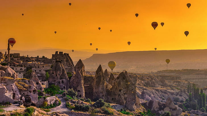 hot air balloons, Cappadocia, ancient, village, landscape, orange sky, HD wallpaper