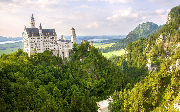 Castello di Neuschwanstein, Germania, montagna, foresta, alberi, castello di Neuschwanstein Germania, Neuschwanstein, castello, Germania, montagna, foresta, alberi, Sfondo HD