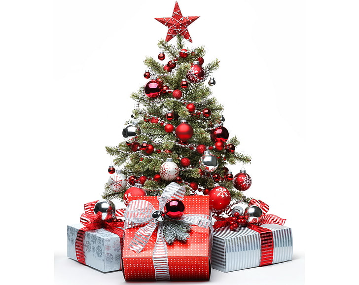 árvore de Natal verde e caixa de presente, inverno, vermelho, bolas, estrela, árvore, presentes, caixa, ano novo, HD papel de parede