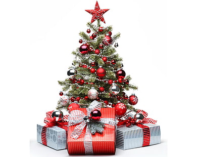 green Christmas tree and gift box, winter, red, balls, star, tree, gifts, box, New Year, HD wallpaper HD wallpaper