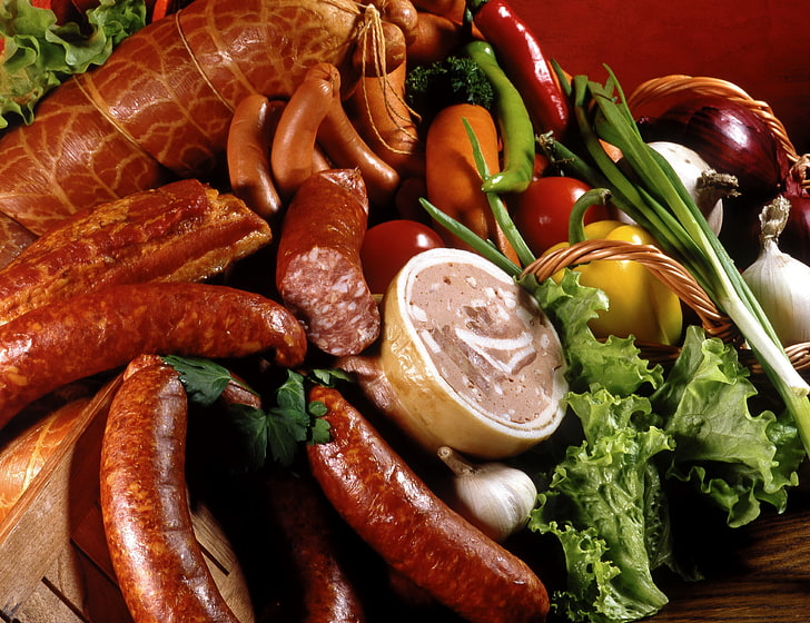 sausages and vegetables, sausage, meat, meats, tasty, HD wallpaper