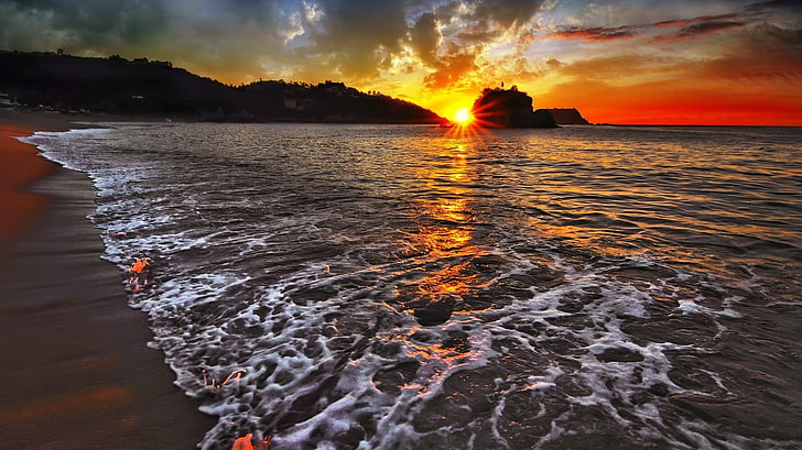 ondulante cuerpo de agua, paisaje, playa, mar, puesta de sol, luz solar, cielo, Fondo de pantalla HD