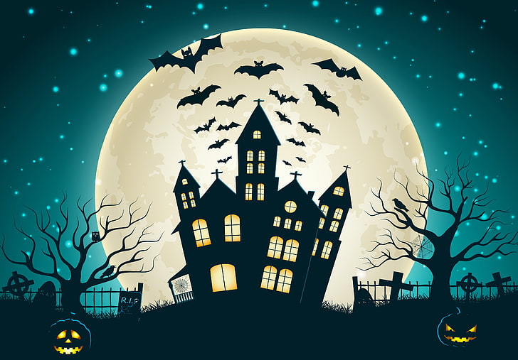 Ilustração de casa assombrada de Halloween, árvores, castelo, cemitério, morcego, horror, assustador, lua cheia, cemitério, férias dia das bruxas, Dia das bruxas, casa assustadora, abóbora do mal, HD papel de parede