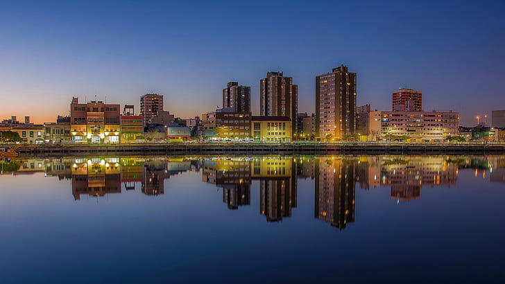 twilight, river, sunset, Argentina, dusk, reflection, blue hour, cityscape, Buenos Aires, urban scene, River of the Silver, HD wallpaper